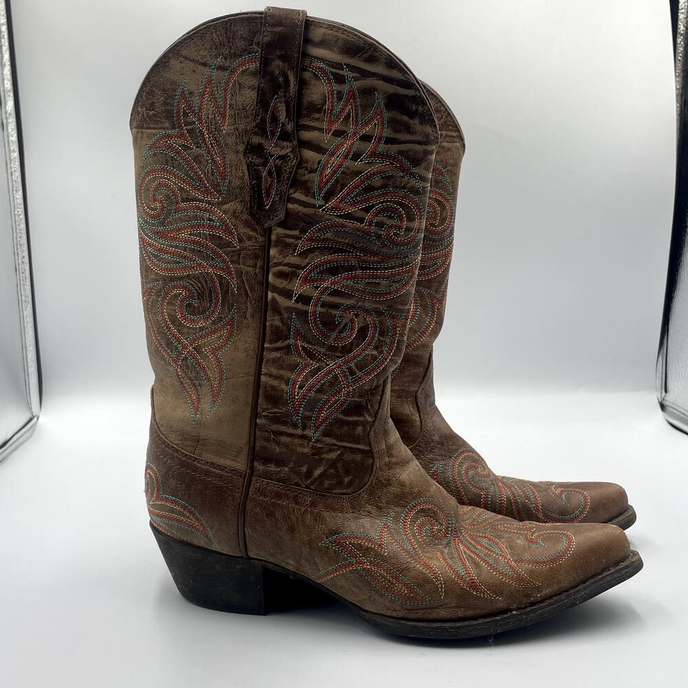 Ariat Distressed Embroidered Brown Leather Boots 6.5 B Heels Multicolored